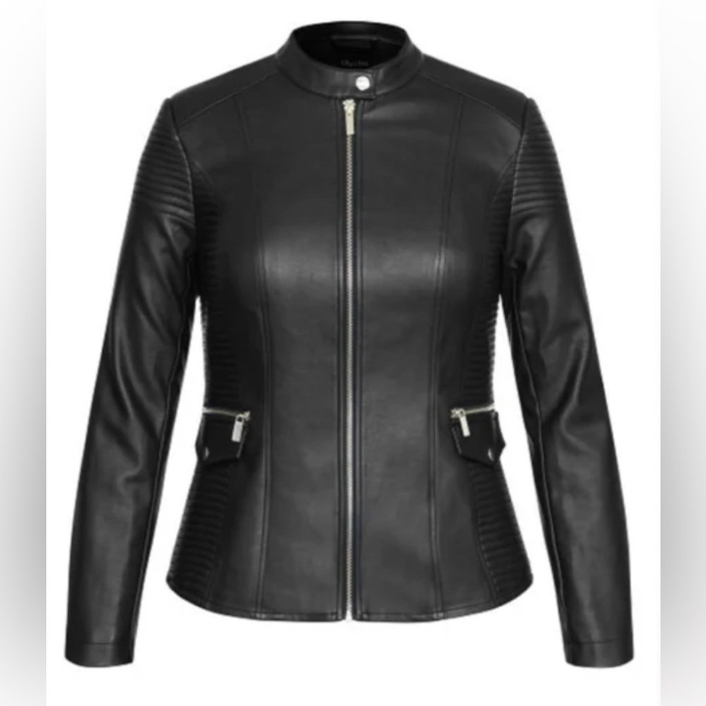NWT [City Chic] Biker Moto Black w/ Gold Zip-Up Leather Jacket Coat Women’s 12 - Picture 4 of 15